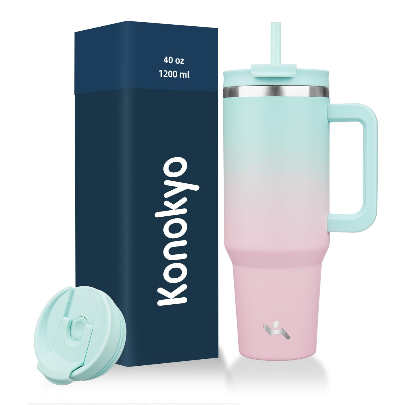 Konokyo 40 oz Tumbler with Handle and 2 Straws,2 in 1 Lid Insulated Water Bottle Stainless Steel Travel Coffee Mug,Mint