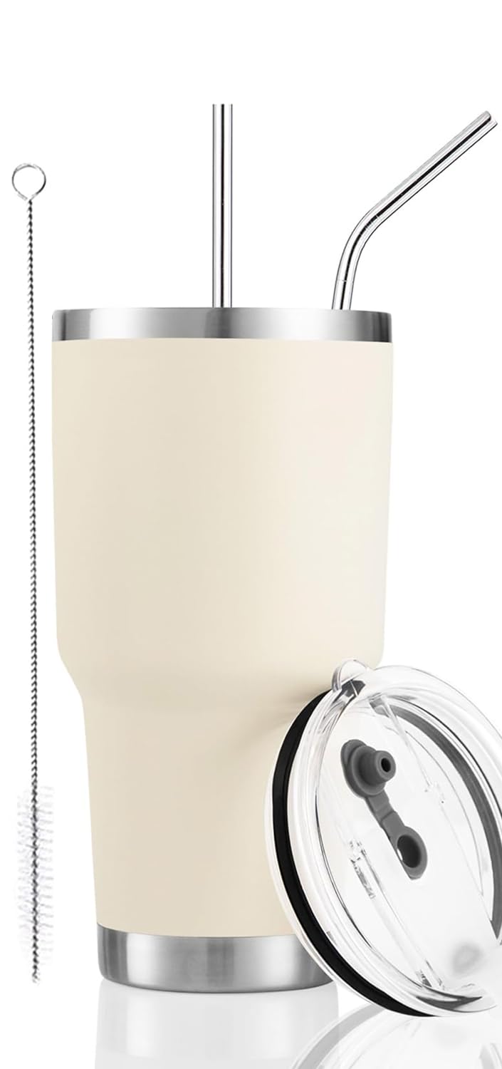 D·S 30oz Blue Tumbler Stainless Steel Double Wall Vacuum Insulated Mug with Straw and Lid, Cleaning Brush for Cold and Hot Beverages