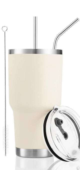 D·S 30oz Blue Tumbler Stainless Steel Double Wall Vacuum Insulated Mug with Straw and Lid, Cleaning Brush for Cold and Hot Beverages