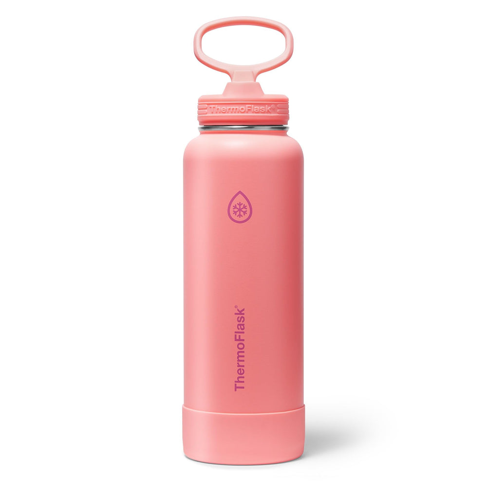 ThermoFlask Stainless Steel Water Bottles 2-Pack - Double-Wall Vacuum Insulated 24 oz BPA-Free Spout Lids - Keeps Drinks Cold 24 Hrs, Hot 12 Hrs - Leakproof, Dishwasher Safe, White/Coral