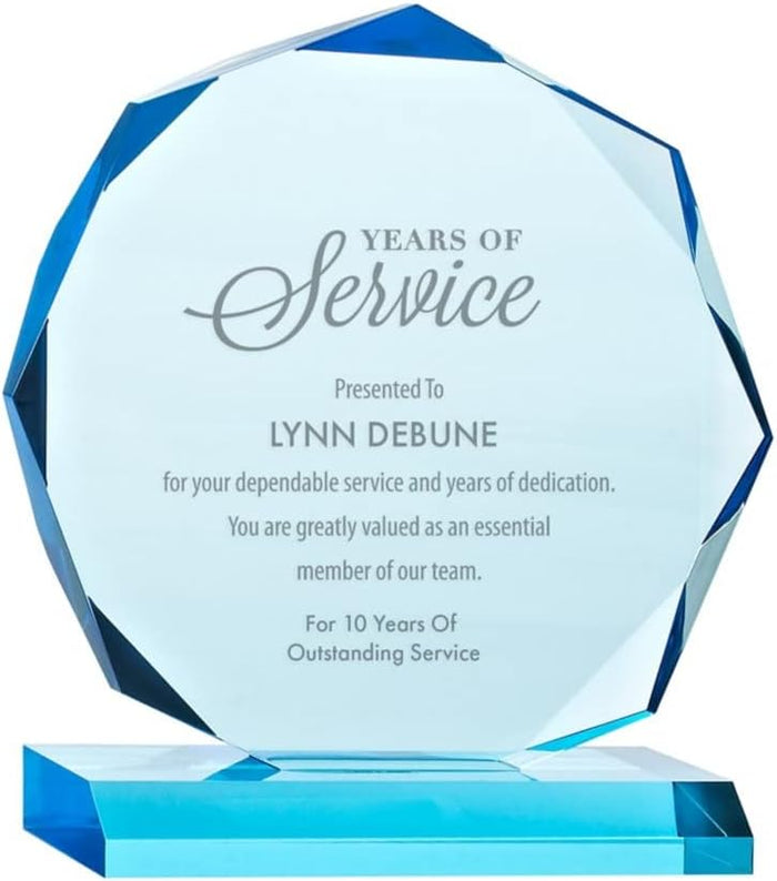 Engraved Trophy - Sky Blue Acrylic - Award for Employees - Personalized Engraving Up to Three Lines and Pre-Written Verse Selection