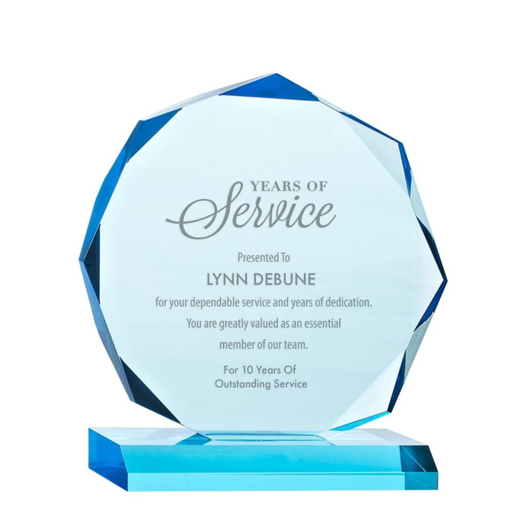 Engraved Trophy - Sky Blue Acrylic - Award for Employees - Personalized Engraving Up to Three Lines and Pre-Written Verse Selection