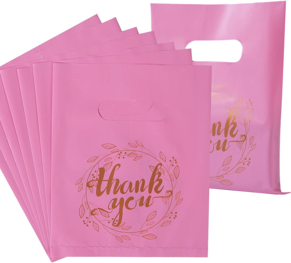 Wishop 100 Pieces Pink Thank You Merchandise Bags Party Gift Bags Candy Bags for Boutique, Retail, Gift Bags, Clothes, Party Favors (Pink/Gold, 6.3x7.9 Inches)