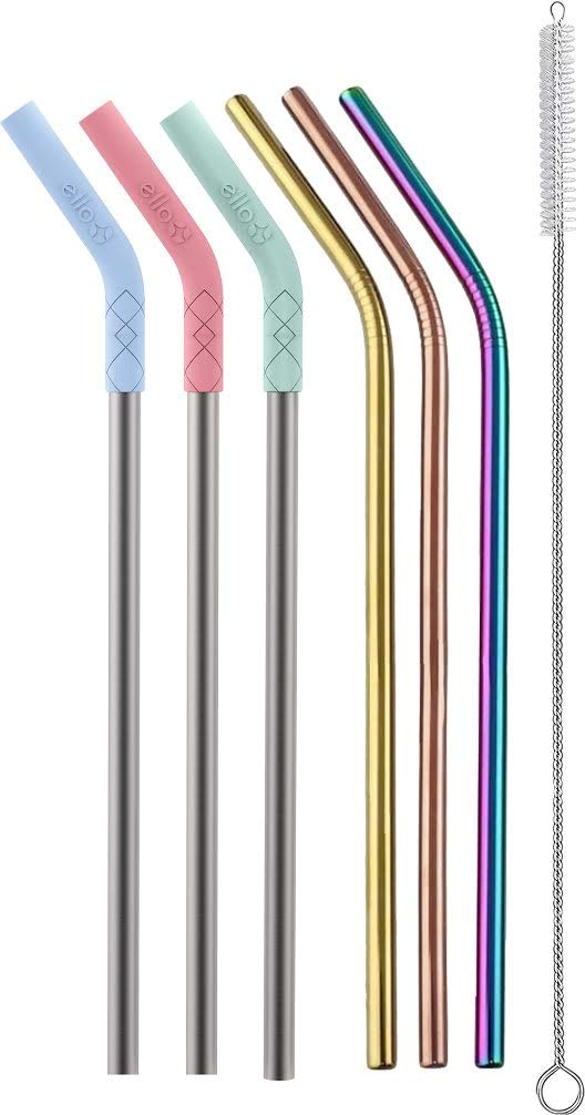 Ello Impact 8 Pack Reusable Plastic Straws, Dishwasher Safe, BPA-Free with Cleaning Brush,Rosewater