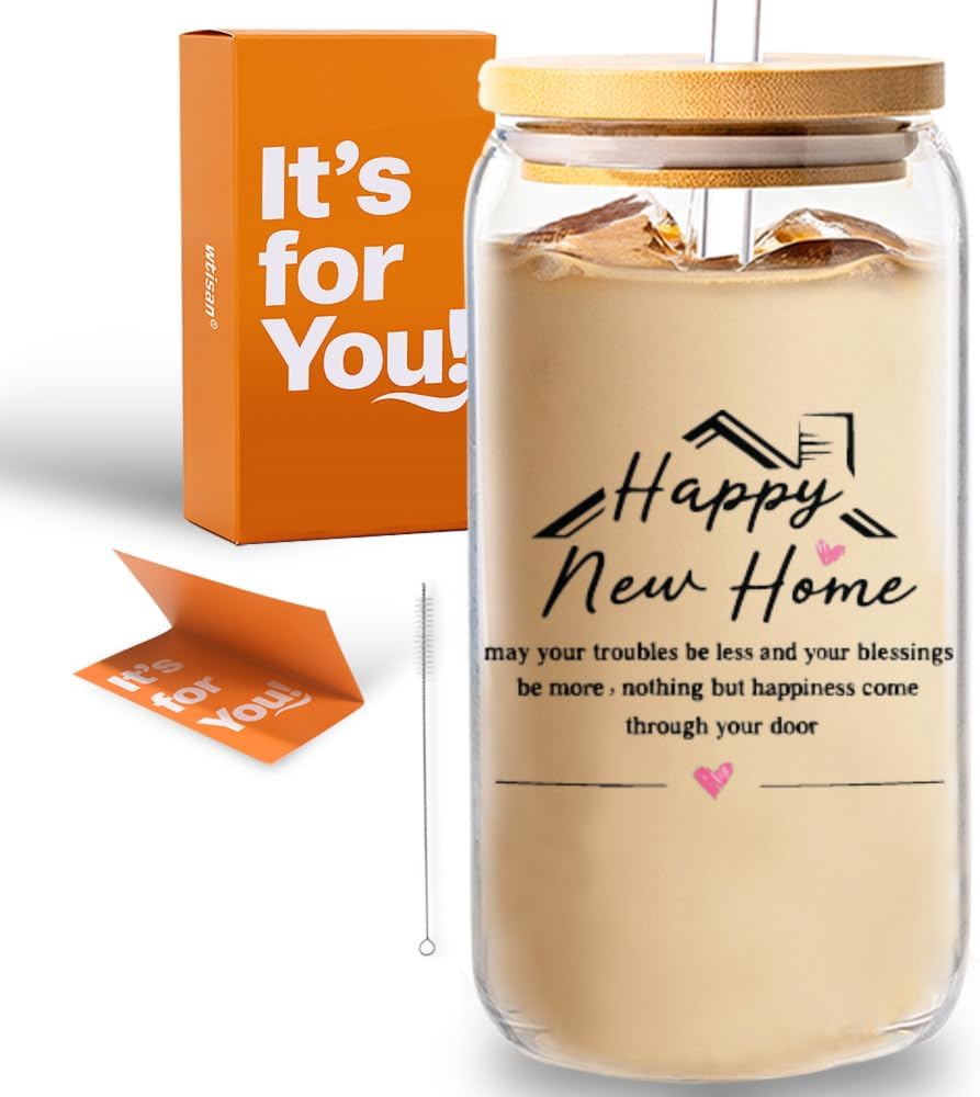 wtisan Housewarming Gifts for New Home - Sweet Home Aesthetic Can Shaped Glass Cup, 16oz Iced Coffee Tumbler - House Warming Gift Ideas with Lid, Straw & Card for Couple, New Homeowner