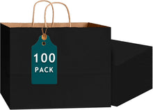 Bakepacker 100-Pack Wide Large Size Paper Bags With Handles Bulk 12.6"x4.3"x10" Black Party Kraft Shopping Bags