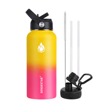 SENDESTAR Water Bottle 32oz Double Wall Vacuum Insulated Leak Proof Stainless Steel Sports Water Bottle—Wide Mouth with New Flex Straw Lid & Spout Lid (Deep Blue&Black)
