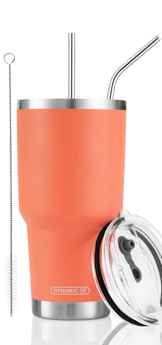 D·S 30oz Blue Tumbler Stainless Steel Double Wall Vacuum Insulated Mug with Straw and Lid, Cleaning Brush for Cold and Hot Beverages