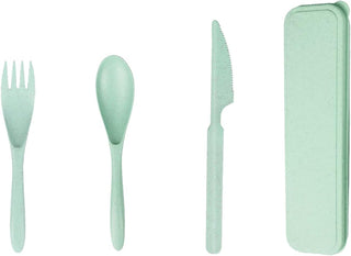 Reusable Wheat Straw Utensil Set 3-in-1 Portable Travel Cutlery Kit with Knife Fork Spoon in Compact Case for Camping and Everyday Use, Green