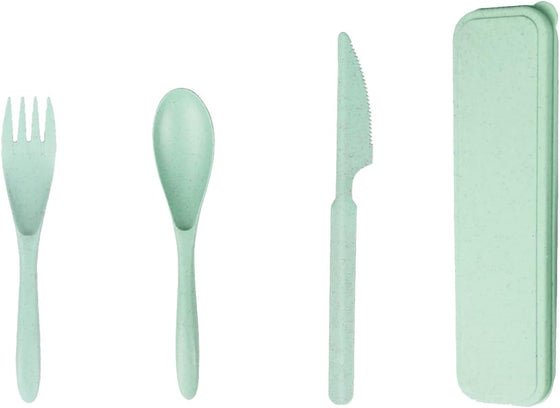 Reusable Wheat Straw Utensil Set 3-in-1 Portable Travel Cutlery Kit with Knife Fork Spoon in Compact Case for Camping and Everyday Use, Green - hover image