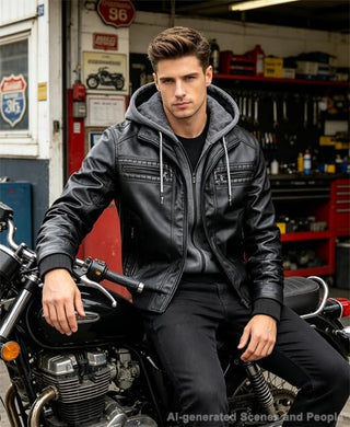 INVACHI Men's Leather Jacket Motorcycle Bomber Jacket Windproof PU Vintage Jacket with Removable Hood