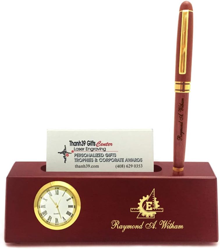 Personalized Solid Rosewood Business Card Holder with Clock and Ballpoint Pen