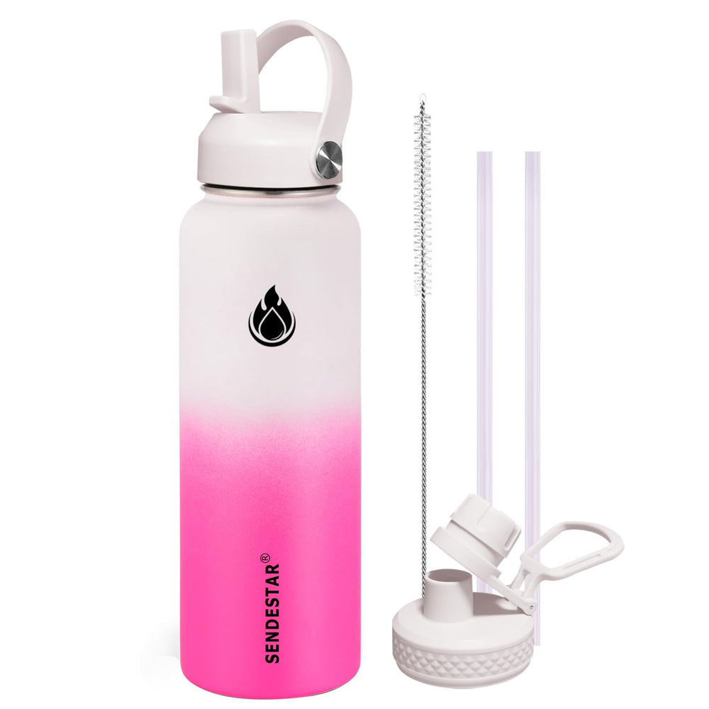 SENDESTAR Water Bottle 32oz Double Wall Vacuum Insulated Leak Proof Stainless Steel Sports Water Bottle—Wide Mouth with New Flex Straw Lid & Spout Lid (Deep Blue&Black)