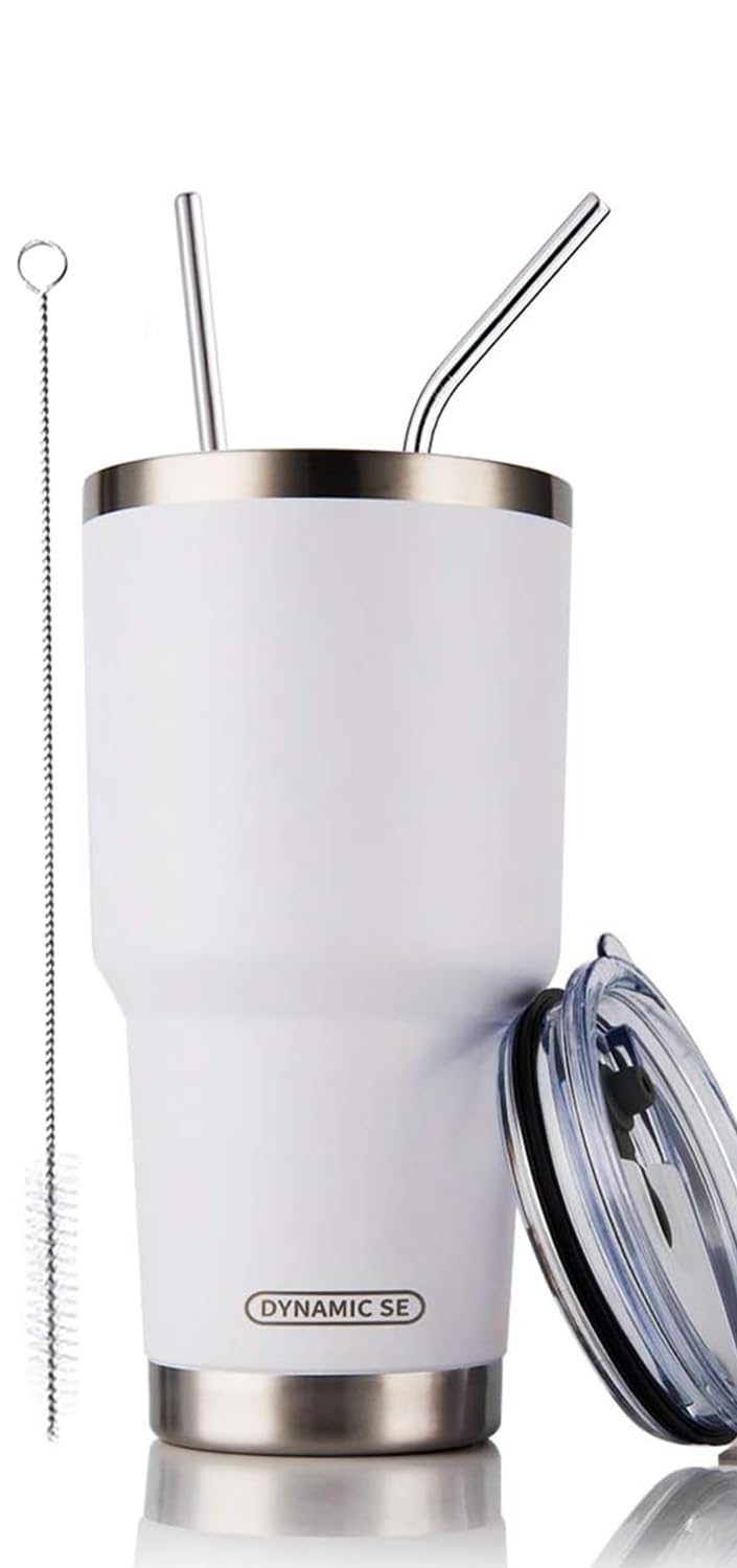 D·S 30oz Blue Tumbler Stainless Steel Double Wall Vacuum Insulated Mug with Straw and Lid, Cleaning Brush for Cold and Hot Beverages