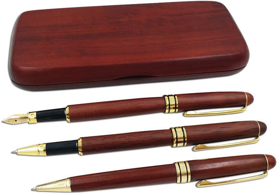 3 Pcs Wooden Pens Set with Gift Case/Best Writing Fountain Fancy Ballpoint Pen and Luxury Gel Pen with Ink Refills, Promotional Business Designer Pens - hover image