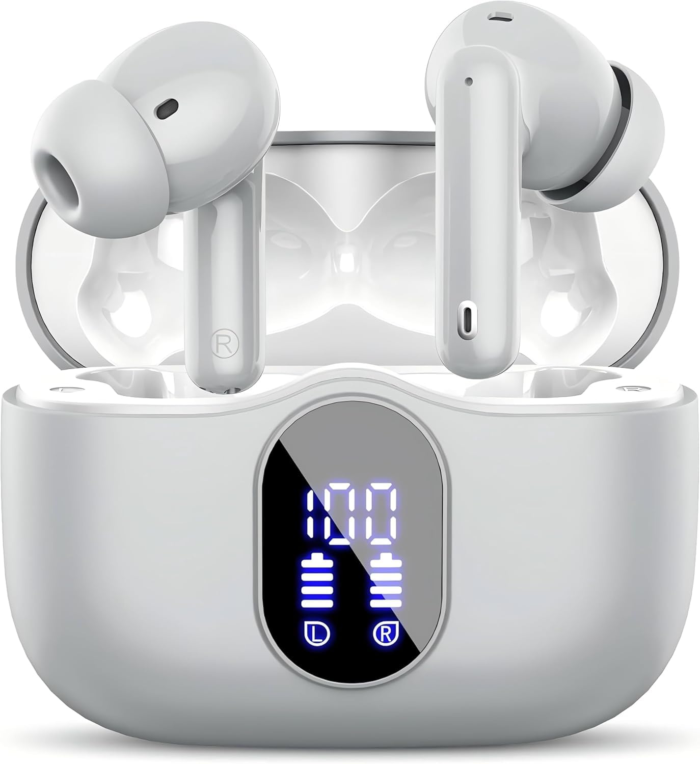 Wireless Earbuds, Bluetooth 5.4 Headphones Bass Stereo, Ear Buds with Noise Cancelling Mic, LED Display in Ear Earphones Clear Calls, IP7 Waterproof Bluetooth Earbuds for Phones/Sports/Laptop, White
