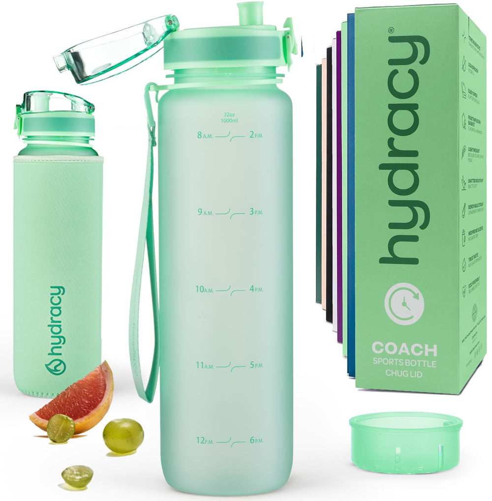 Hydracy Water Bottle with Time Marker -Large BPA Free Water Bottle & No Sweat Sleeve -Leak Proof Gym Bottle with Times to Drink - Ideal for Fitness Sports & Outdoors