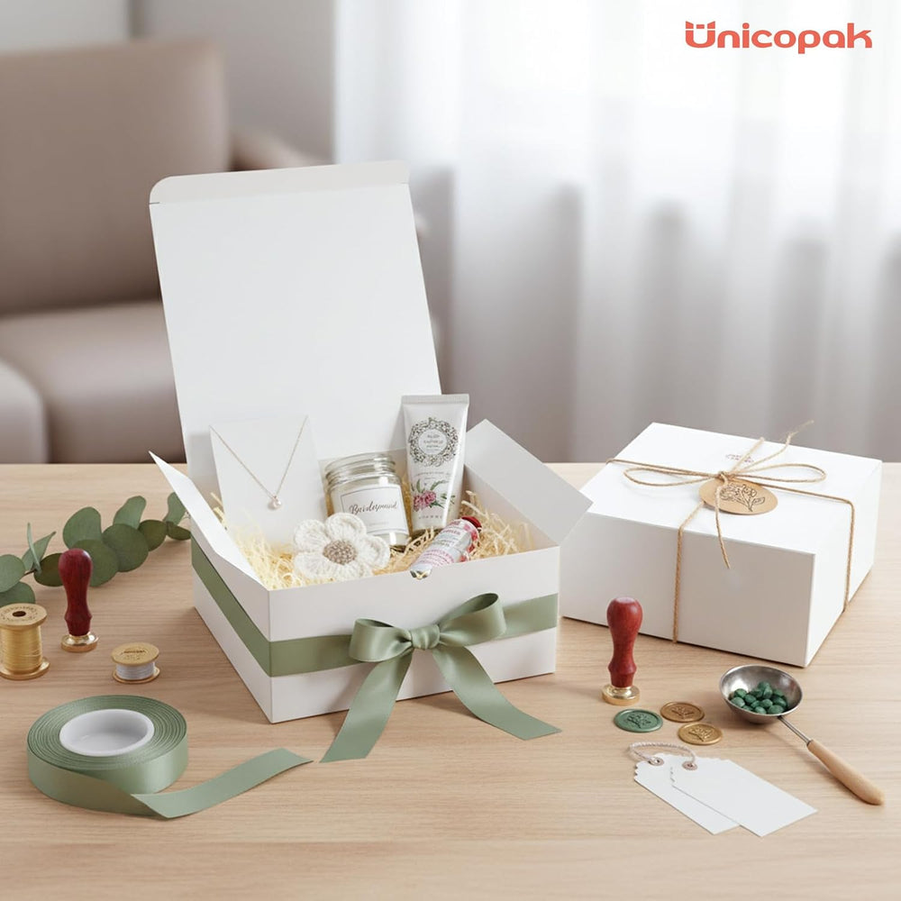 UnicoPak 6 Pack 8x8x3.5 White Gift Boxes Bulk, Gift Boxes with Lids for Presents for Birthday Wedding Bridesmaid Proposal Thank You Holiday Christmas