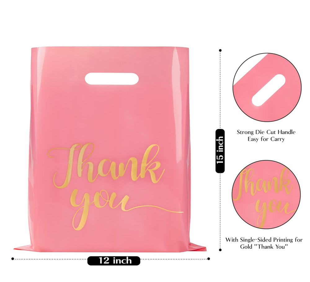 100 Pack Pink Thank You Shopping Bags for Small Business - 12"x15" Extra Thick 2.36 Mil Plastic Retail Thank You Bags with Handles for Stores, Boutique, Clothes, Business Gift