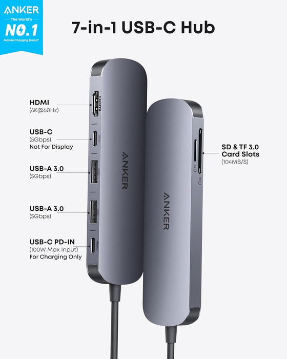 Anker USB C Hub, 7in1 Multi-Port USB Adapter for Laptop/Mac, 4K@60Hz USB C to HDMI Splitter, 85W Max PD, 2 USB 3.0 & 1 USBC Data Ports, SD/TF Card Reader, for Type C Devices (Charger Not Included) - hover image