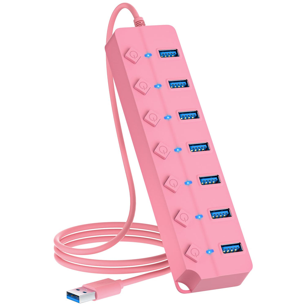 ONFINIO USB Hub 3.0, 7-Port USB Hub Splitter with Individual On/Off Switches and Lights, 3.2ft/1m Long Cable Compatible with MacBook, Laptop, Surface Pro, PS4, PC, Flash Drive, Mobile HDD-Purple