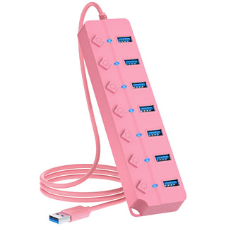 ONFINIO USB Hub 3.0, 7-Port USB Hub Splitter with Individual On/Off Switches and Lights, 3.2ft/1m Long Cable Compatible with MacBook, Laptop, Surface Pro, PS4, PC, Flash Drive, Mobile HDD-Purple