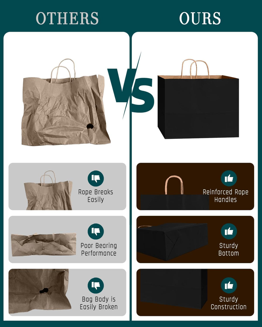 Bakepacker 100-Pack Wide Large Size Paper Bags With Handles Bulk 12.6"x4.3"x10" Black Party Kraft Shopping Bags