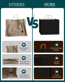Bakepacker 100-Pack Wide Large Size Paper Bags With Handles Bulk 12.6"x4.3"x10" Black Party Kraft Shopping Bags