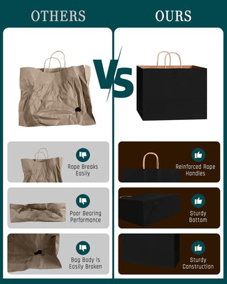 Bakepacker 100-Pack Wide Large Size Paper Bags With Handles Bulk 12.6"x4.3"x10" Black Party Kraft Shopping Bags