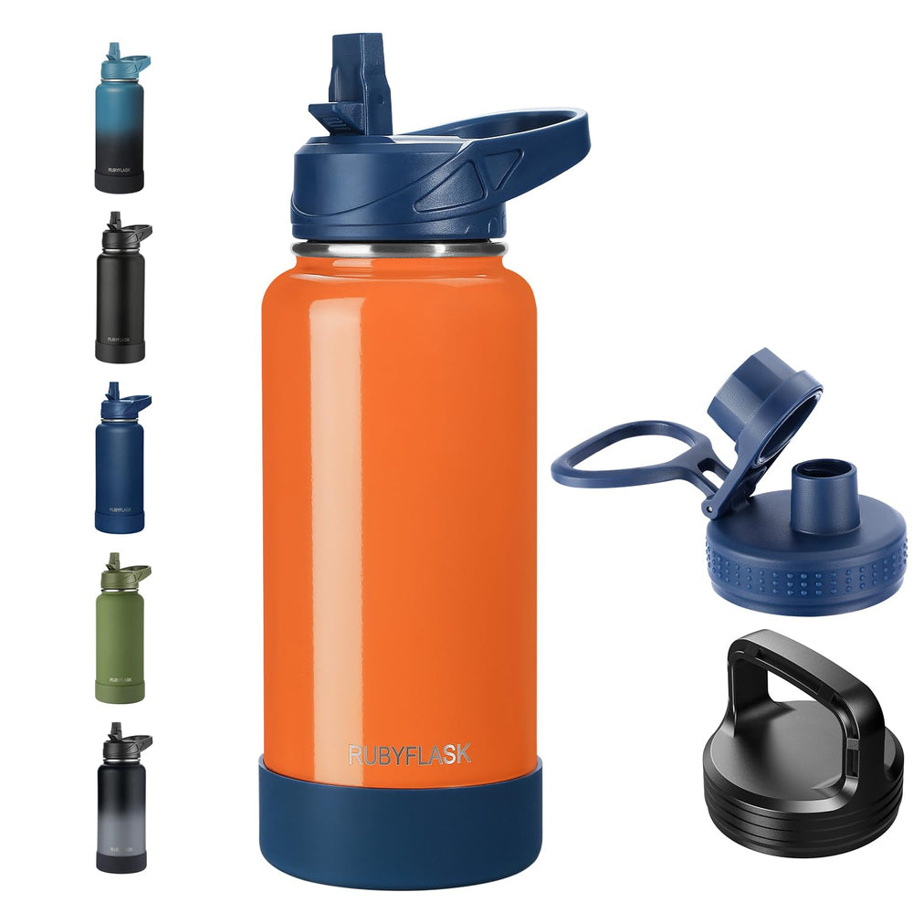 RUBYFLASK 32oz Insulated Water Bottle with Straw, Stainless Steel Metal Vacuum Water Flask, Large Thermal Water bottle with Leakproof 3 Lids for Travel, Camping, Gym Sports Indigo Black