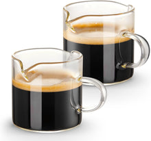 Qipecedm Espresso Cups Set of 2, 4 OZ Double Spouts Cups, Shot Glasses, Milk Cup with Handle, Clear Glass, Espresso Accessories for Machine, Small