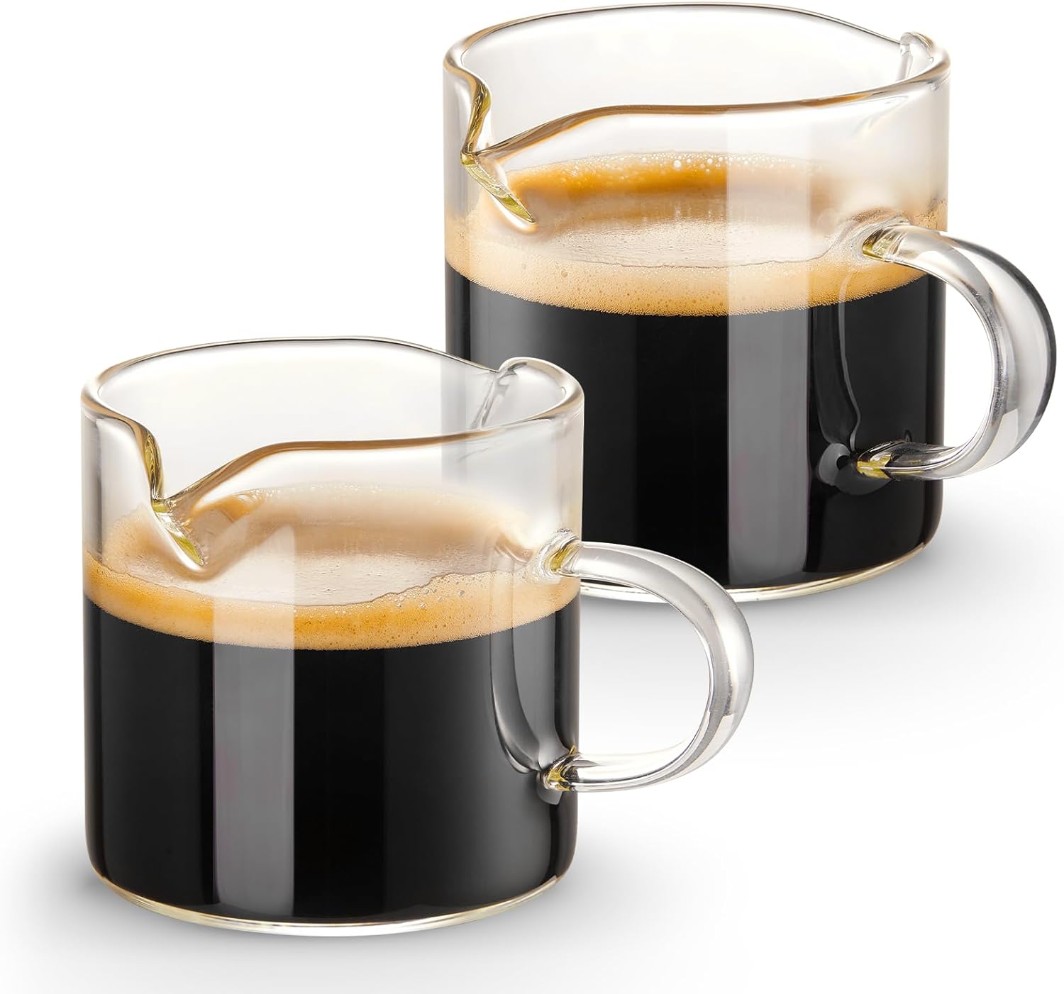 Qipecedm Espresso Cups Set of 2, 4 OZ Double Spouts Cups, Shot Glasses, Milk Cup with Handle, Clear Glass, Espresso Accessories for Machine, Small