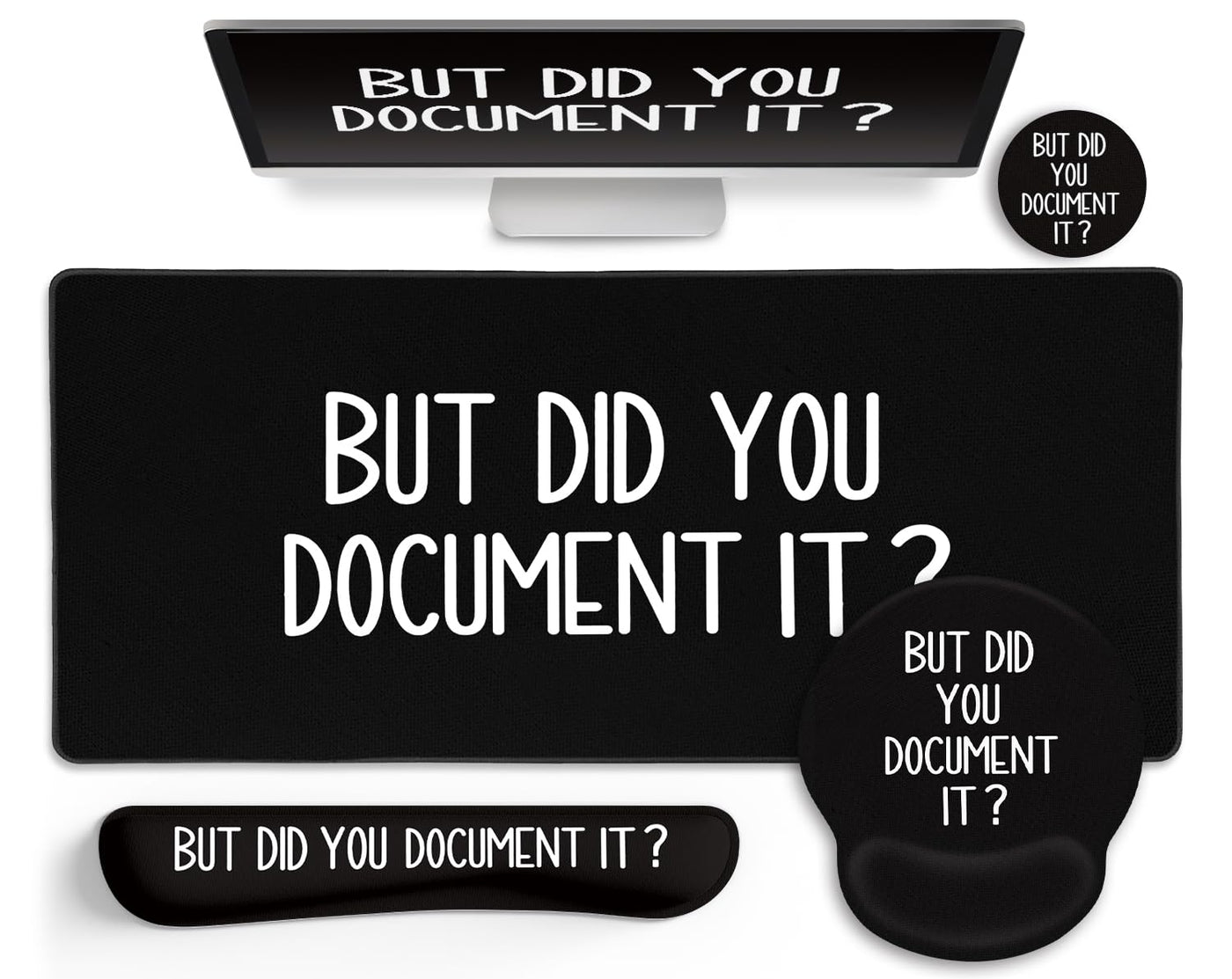 LIMKRIAN Desk Mat Set, Large Gaming Mouse Pad with Wrist Rest, Ergonomic Mouse Pad Keyboard Mat Wrist Support, Cup Coaster, Home Office Desk Accessories Decor Supplies, Funny Black Cat