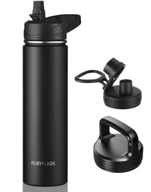 RUBYFLASK 32oz Insulated Water Bottle with Straw, Stainless Steel Metal Vacuum Water Flask, Large Thermal Water bottle with Leakproof 3 Lids for Travel, Camping, Gym Sports Indigo Black