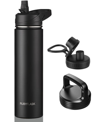 RUBYFLASK 32oz Insulated Water Bottle with Straw, Stainless Steel Metal Vacuum Water Flask, Large Thermal Water bottle with Leakproof 3 Lids for Travel, Camping, Gym Sports Indigo Black