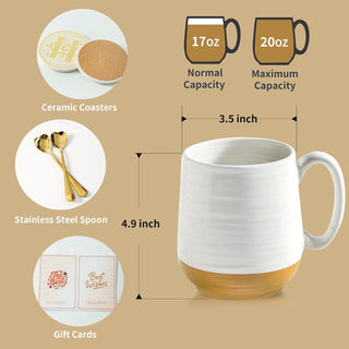 HASENSE Coffee Mugs Gift Set, 20oz Ceramic Mugs Set of 2 with Handle, Glaze Coasters & Spoons in Storage Box,Perfect Valentine‘s Day Gift for Coffee Tea and Cocoa, White