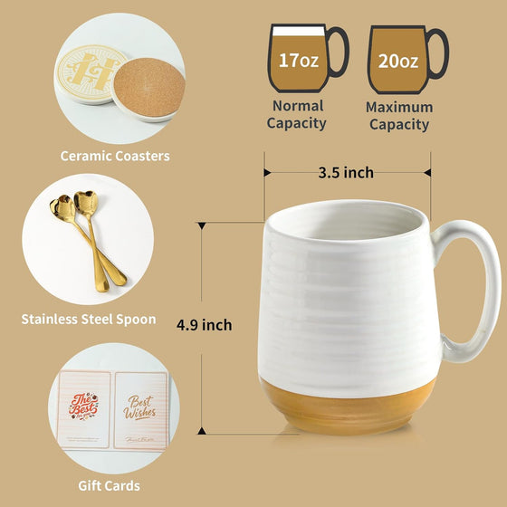 HASENSE Coffee Mugs Gift Set, 20oz Ceramic Mugs Set of 2 with Handle, Glaze Coasters & Spoons in Storage Box,Perfect Valentine‘s Day Gift for Coffee Tea and Cocoa, White - hover image