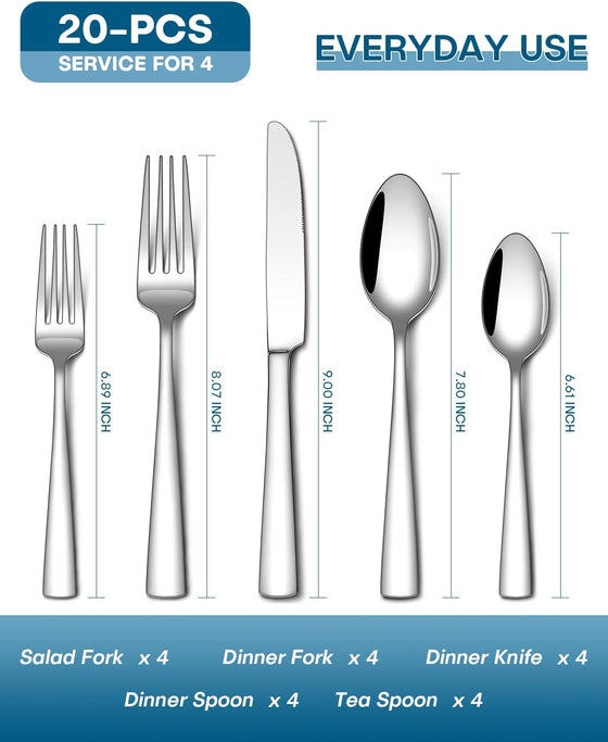 Stapava 20 Piece Silverware Set, Food-Grade Stainless Steel Flatware Sets for 4 Mirror Polished Cutlery Utensil Sets Include Dinner Knives Spoons and Forks Set Dishwasher Safe for Home Restaurant - hover image