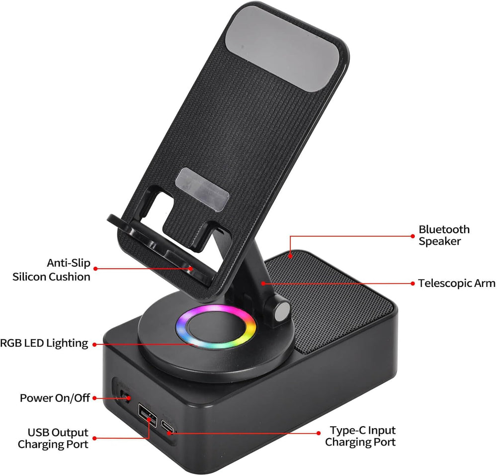Birthday Gift for Women Mom Men Dad Cell Phone Stand with Wireless Bluetooth Speaker and Portable Charger ＆Led Color Flash Light HD Stereo Surround Sound Cool Gadget for Home Office Travel