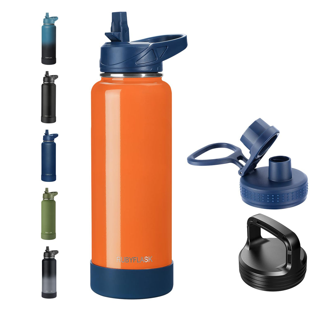 RUBYFLASK 32oz Insulated Water Bottle with Straw, Stainless Steel Metal Vacuum Water Flask, Large Thermal Water bottle with Leakproof 3 Lids for Travel, Camping, Gym Sports Indigo Black