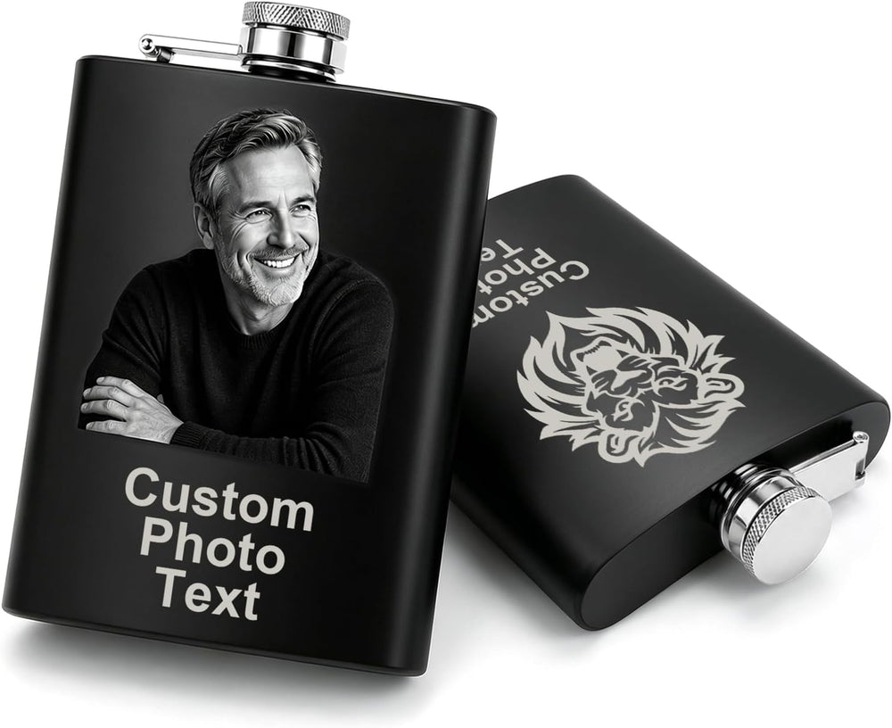 Personalized Photo Flask Custom Engraved Stainless Steel Liquor Flask 8oz Unique Gift Men Husband Dad Groomsmen Wedding Birthday Anniversary Fathers Day (Custom Design)