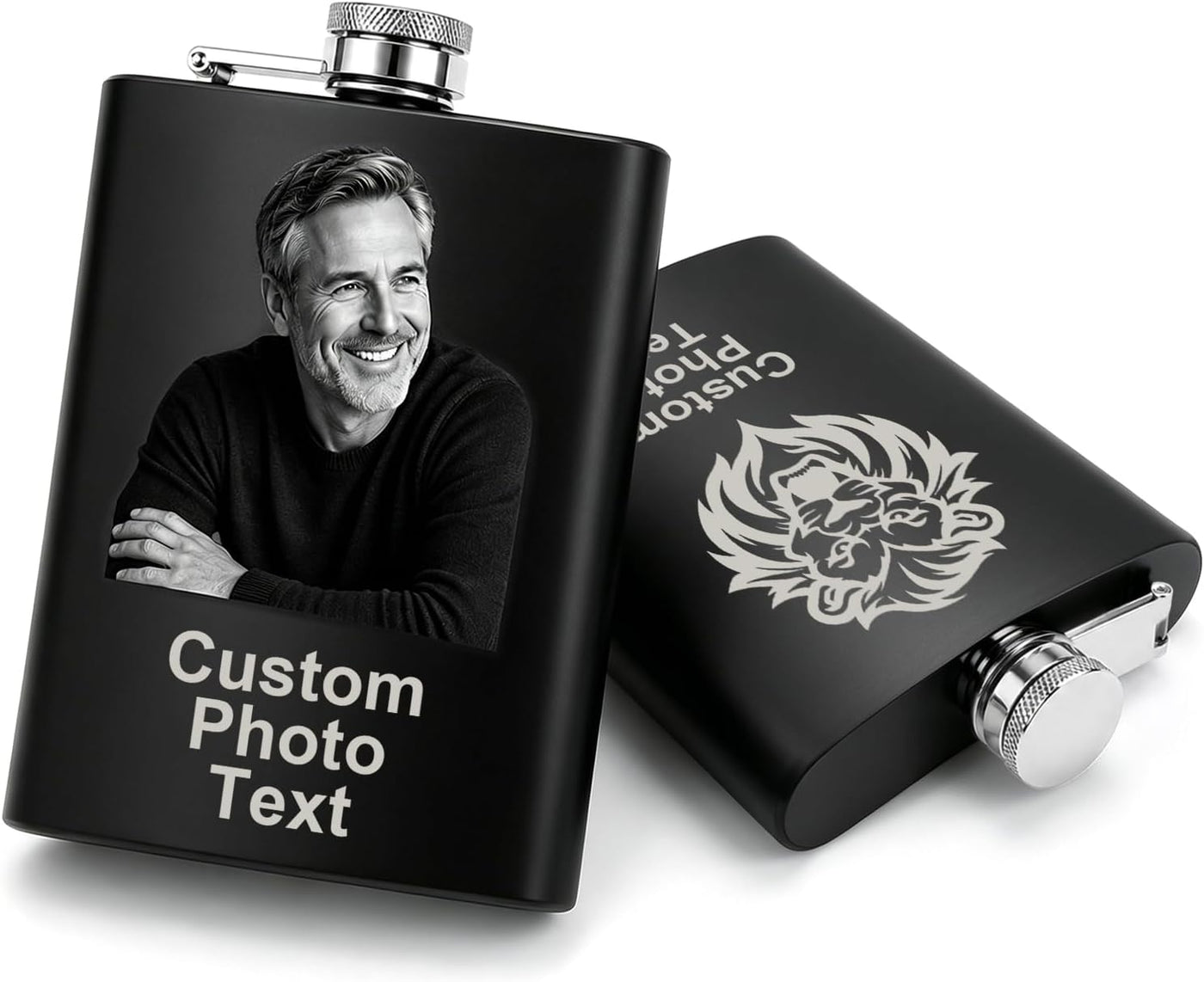 Personalized Photo Flask Custom Engraved Stainless Steel Liquor Flask 8oz Unique Gift Men Husband Dad Groomsmen Wedding Birthday Anniversary Fathers Day (Custom Design)