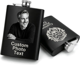 Personalized Photo Flask Custom Engraved Stainless Steel Liquor Flask 8oz Unique Gift Men Husband Dad Groomsmen Wedding Birthday Anniversary Fathers Day (Custom Design)