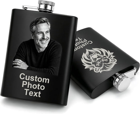 Personalized Photo Flask Custom Engraved Stainless Steel Liquor Flask 8oz Unique Gift Men Husband Dad Groomsmen Wedding Birthday Anniversary Fathers Day (Custom Design)