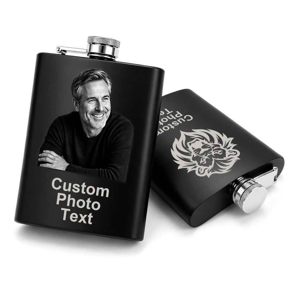 Personalized Photo Flask Custom Engraved Stainless Steel Liquor Flask 8oz Unique Gift Men Husband Dad Groomsmen Wedding Birthday Anniversary Fathers Day (Custom Design)