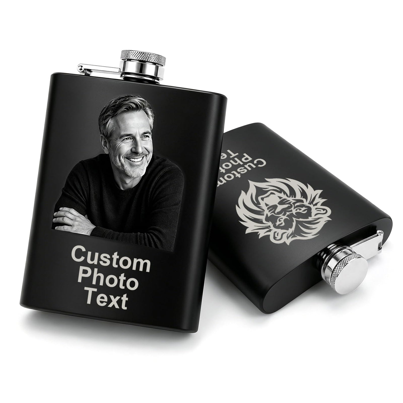 Personalized Photo Flask Custom Engraved Stainless Steel Liquor Flask 8oz Unique Gift Men Husband Dad Groomsmen Wedding Birthday Anniversary Fathers Day (Custom Design)
