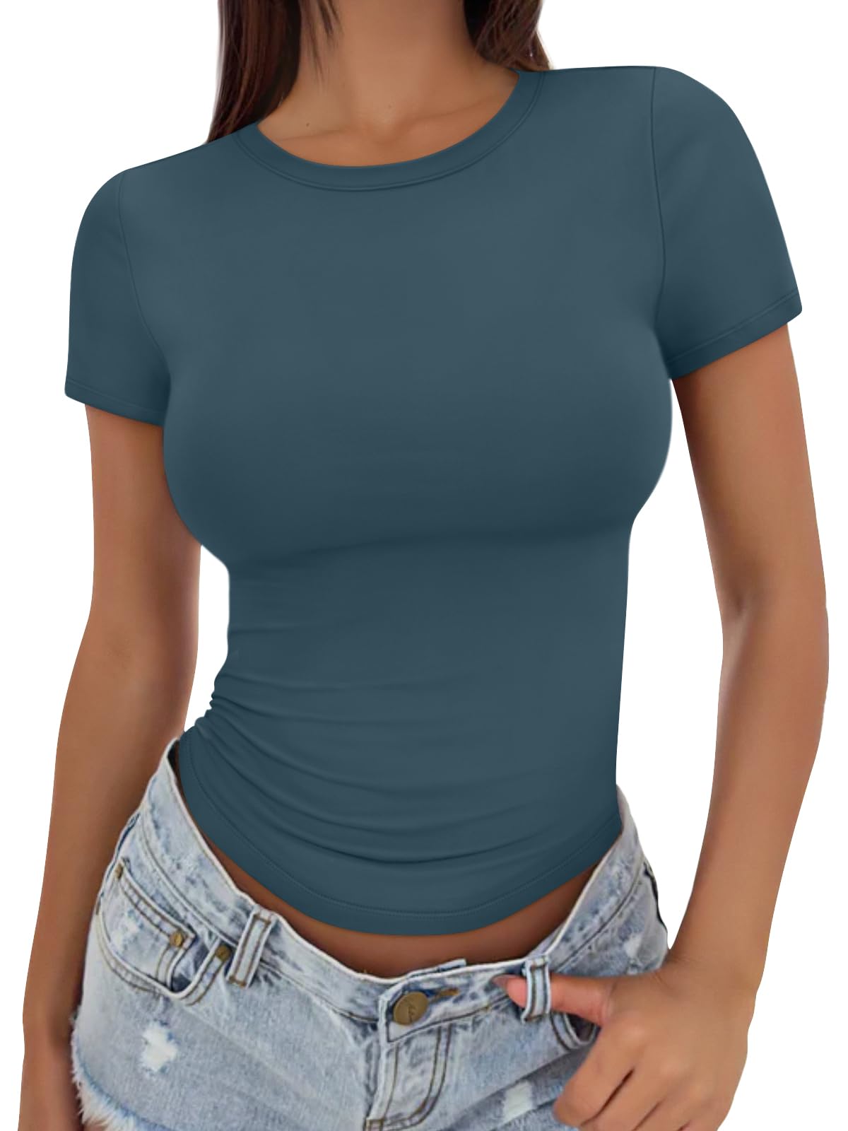 Trendy Queen Womens Basic T Shirts - Stretchy Soft Slim Fit Short Sleeve Y2k Cute Summer Crop Workout Tops