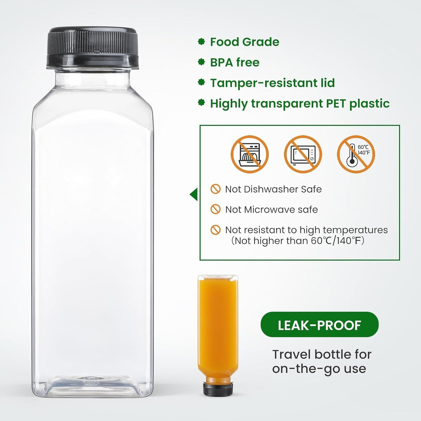 24 PACK, 12 OZ Reusable Thicker Plastic Juice Bottles with Caps, Plus 24 Labels & 2 Funnels - Clear Juicing Bottles for Juice, Smoothies, Ginger, Tea, Coffee -Food Grade & Travel Leakproof & Freezable