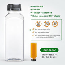 24 PACK, 12 OZ Reusable Thicker Plastic Juice Bottles with Caps, Plus 24 Labels & 2 Funnels - Clear Juicing Bottles for Juice, Smoothies, Ginger, Tea, Coffee -Food Grade & Travel Leakproof & Freezable