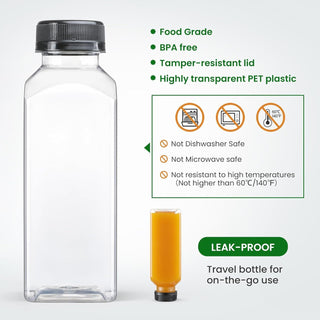 24 PACK, 12 OZ Reusable Thicker Plastic Juice Bottles with Caps, Plus 24 Labels & 2 Funnels - Clear Juicing Bottles for Juice, Smoothies, Ginger, Tea, Coffee -Food Grade & Travel Leakproof & Freezable